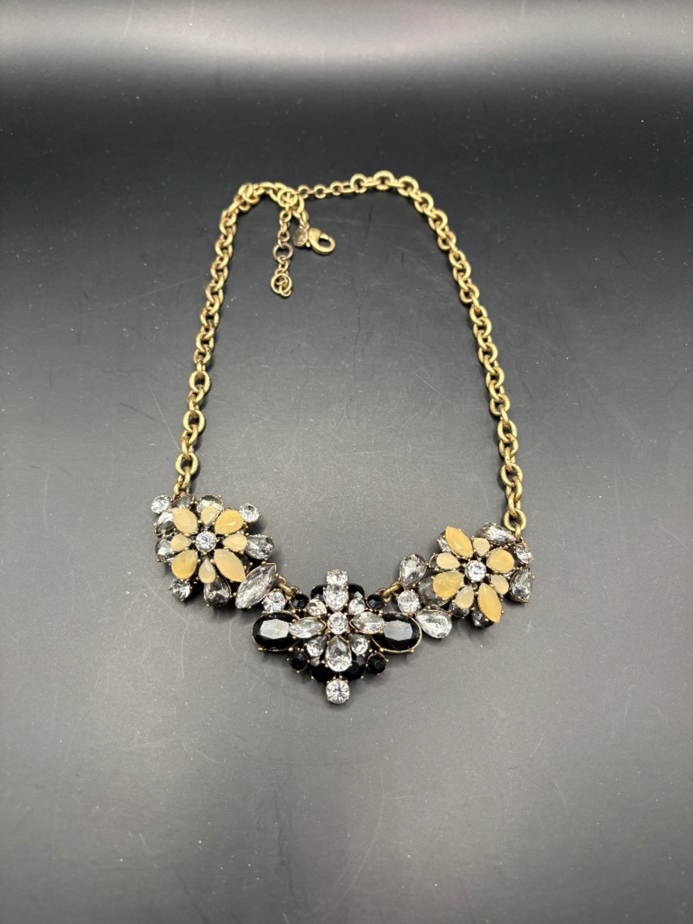 J Crew Chunky Black, Beige & Clear Crystal Floral Statement Necklace